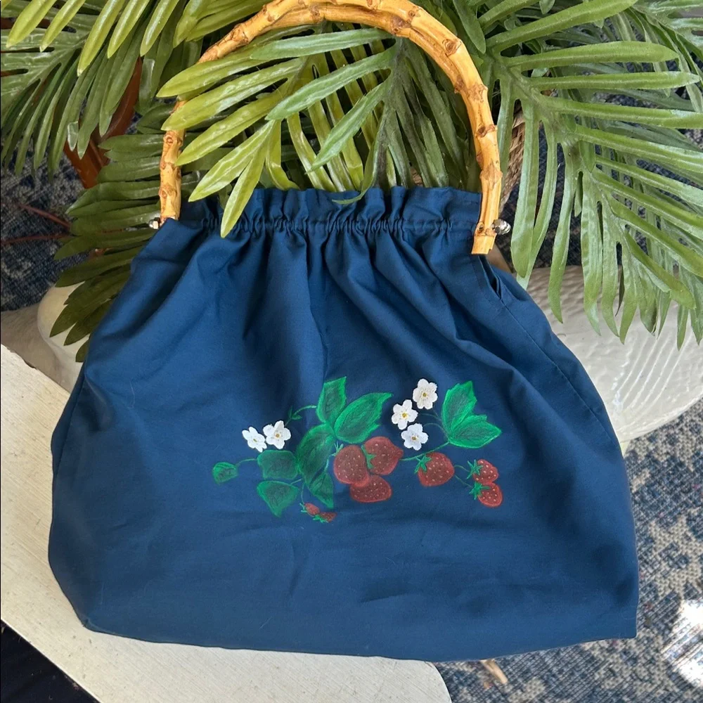 Vintage 70’s Navy Bag with Hand-Painted Strawberries & Bamboo Handles - Picture 4 of 10